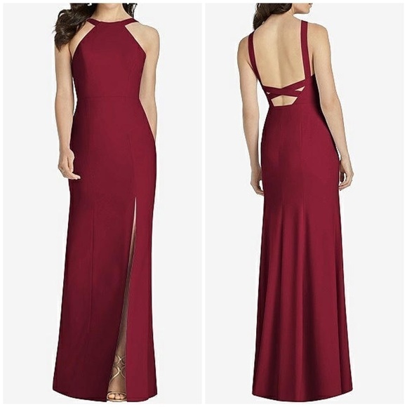 NWT Dessy Collection High Halter Neck Open Back Crepe Gown Dress Burgundy Sz 18 - Picture 1 of 11